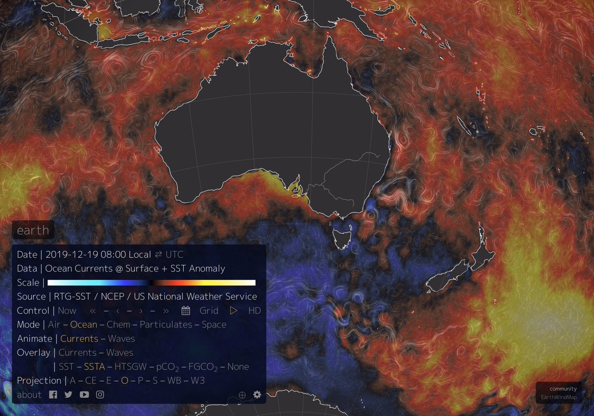RichardMcLellan's tweet photo. Hot and getting hotter: Marine temperature hotspots off Western Australia (and eastern New Zealand).
Via #earthnullschool https://t.co/VxZjx91cKO
