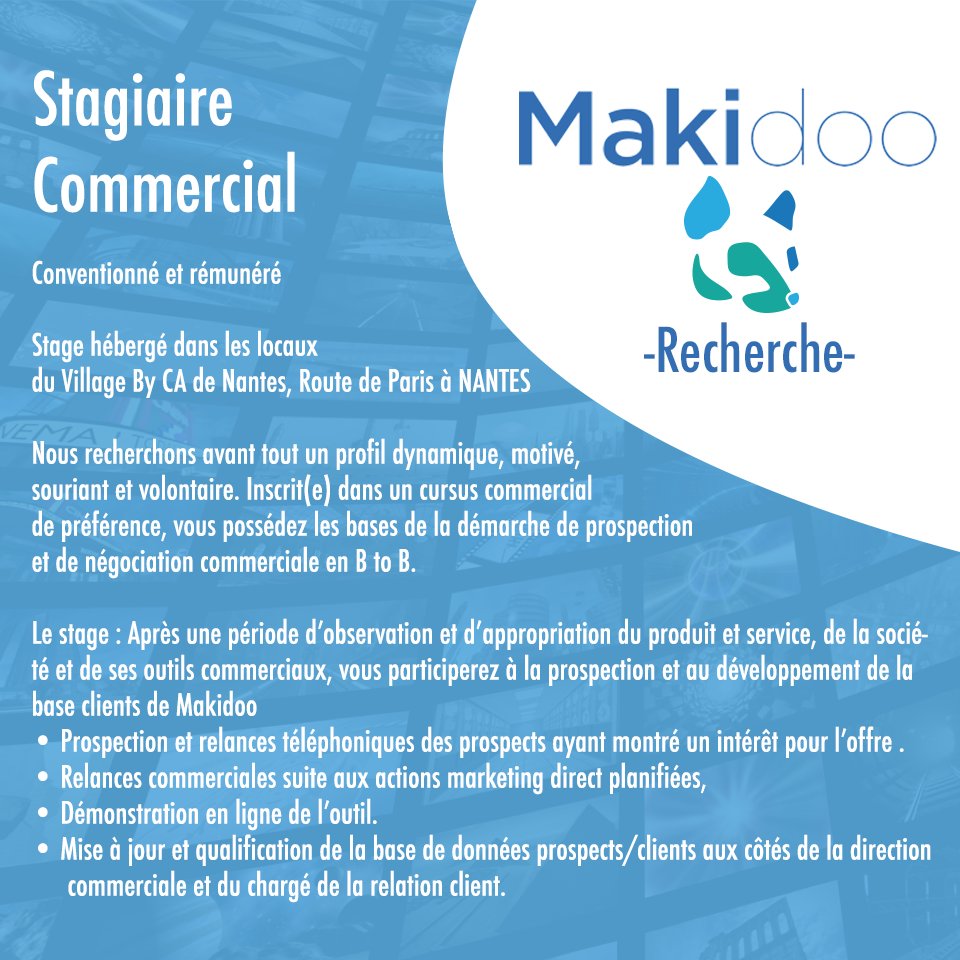 Vous avez envie de participer à la professionnalisation de l'équipe vente de Makidoo ? C'est le moment pour proposer votre candidature, nous recherchons des stagiaires ! 
#recrutement #RH #startup 
Lettre de motivation et CV à : ludovic.peixoto@makidoo.io
