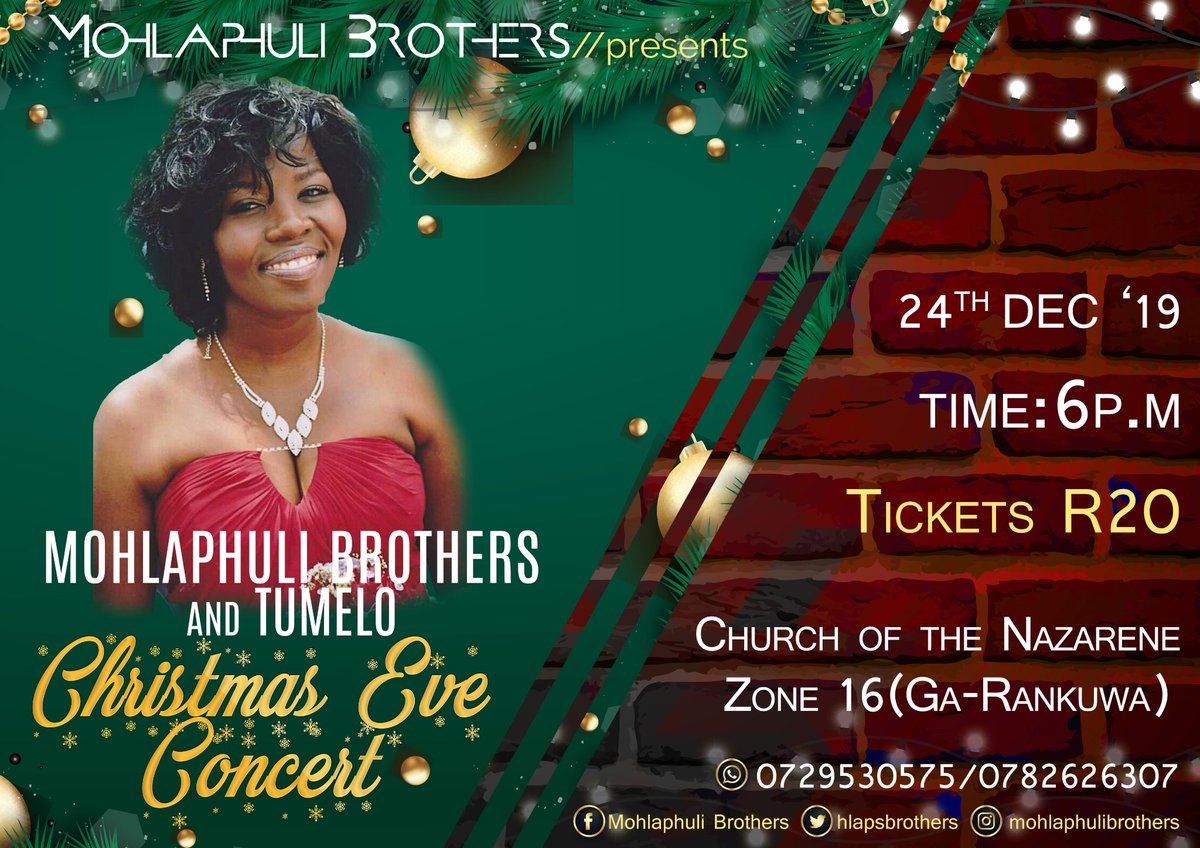 Our beautiful friend <a href="/Tumelo/">Pat</a> will be live at the Christmas Eve Concert. An anointed songtress 👐👐
Are you coming fam?
#HlapsBrothers #christmaseveconcert