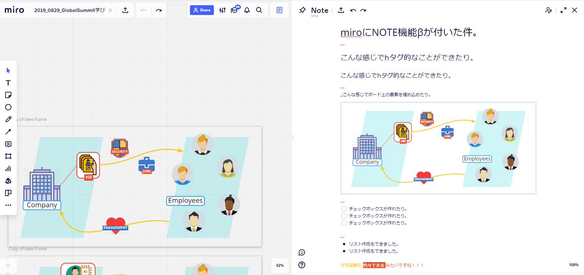 shotainprogress's tweet photo. 溺愛しているWebホワイトボード『miro』にnote機能が実装された！（まだβだけど）
これは神ツールに化ける予感。世に広めたい。

#miro #realtimeboard https://t.co/2S8gpng4EK