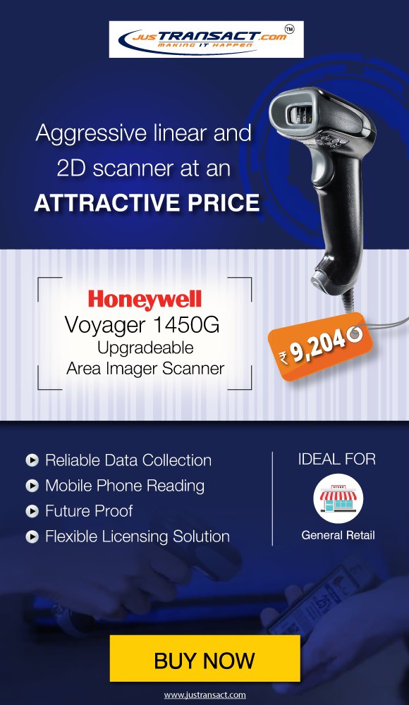 jusTransact's tweet photo. Aggressive linear and 2D Honeywell Voyager 1450G Area Imager scanner at an ATTRACTIVE PRICE. Buy now at https://t.co/qyojeg4JMp or call us at Toll Free No: 1800 123 3010 https://t.co/Kni5WMP2pD