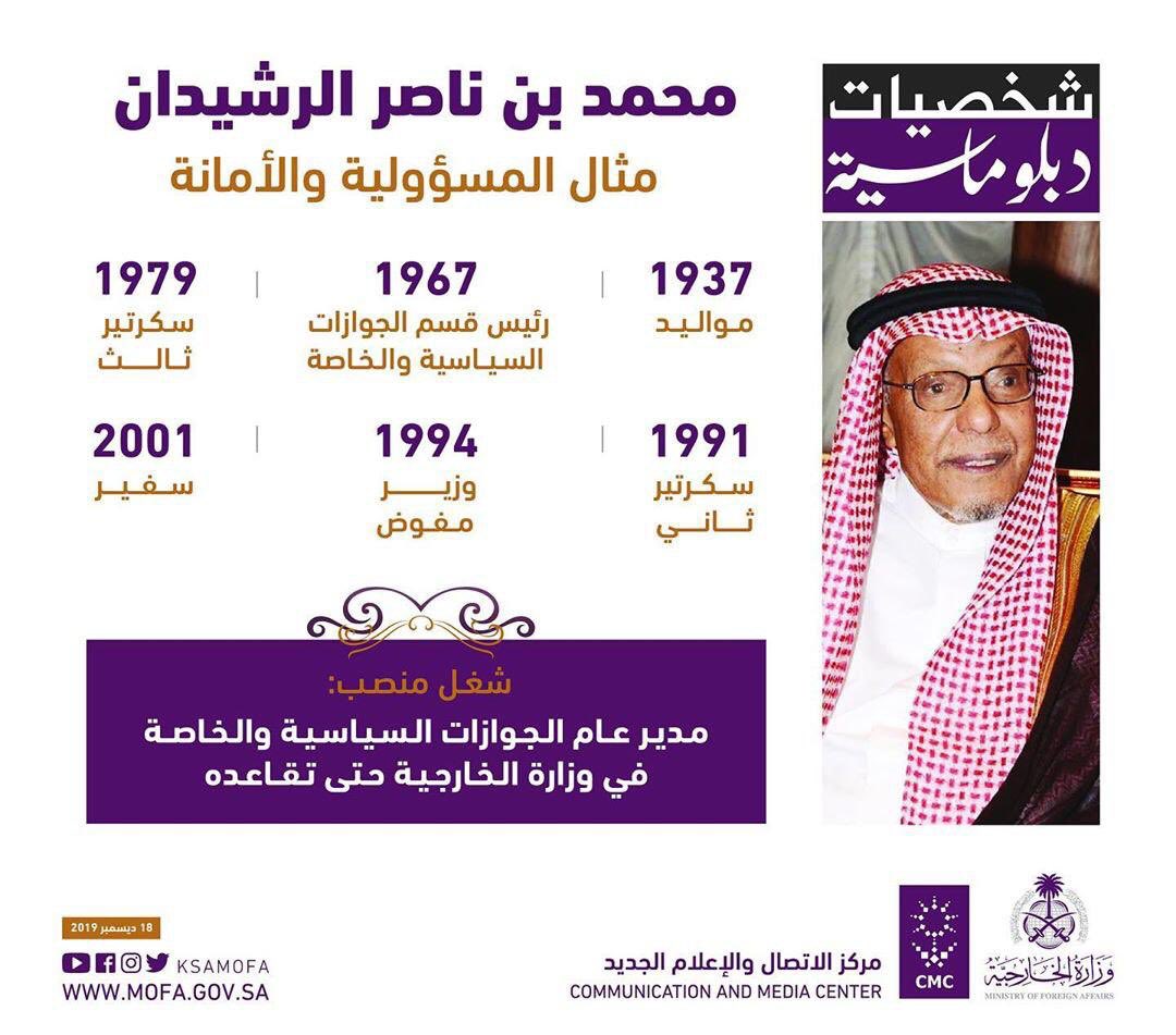 من الشخصيات الدبلوماسية العظيمة السفير محمد بن ناصر الرشيدان مدير عام الجوازات السياسية والخاصة في وزارة الخارجية سابقًا والذي يعد مثالا للمسئولية والامانة حيث تميز بحسن تعامله وسمو أخلاقه ومثابرته ودقته وحاليا يواصل السفير عبدالرحمن الخراشي هذا العمل بنفس الوتيرة والجهد المخلص