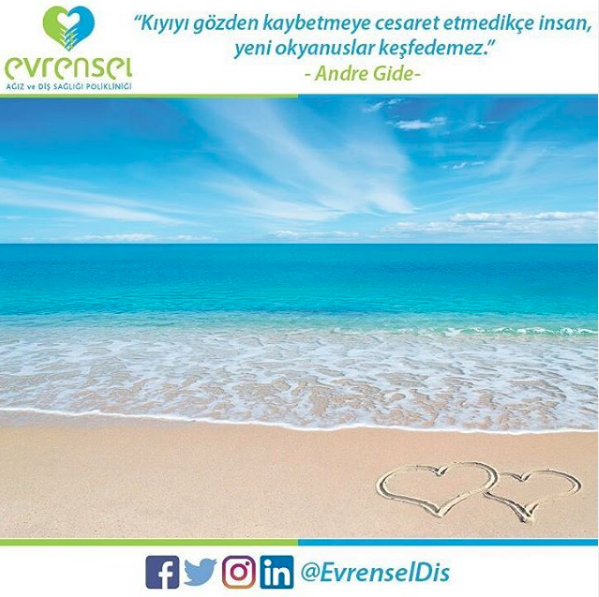 EvrenselDis's tweet photo. “Kıyıyı gözden kaybetmeye cesaret etmedikçe insan, yeni okyanuslar keşfedemez.” -Andre Gide- #evrenseldisklinigi  #uhtn  #clínicadental  #ankara⁠
⁠
You can follow our social media accounts and send your questions. ⁠
⁠
https://t.co/z5uAHnmHTe⁠
https://t.co/TBMdHkq1s5  https://t.co/EOS3dx5FGK