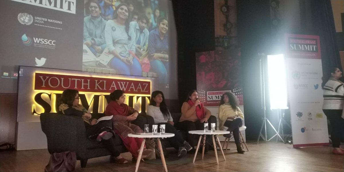 YouthKiAwaaz's tweet photo. Next: a panel on challenges to gender & health, by @UNFPAIndia and @UNV_India! Speakers: Dr. Zoya Rizvi of @MoHFW_INDIA, trans activist M Suman, @saysnidhigoyal, founder - @RisingFlameNow & Jasmine George, founder -@Hidden_Pockets. Moderated by @Masalabai. #YKASummit https://t.co/Uux2XtXZDh