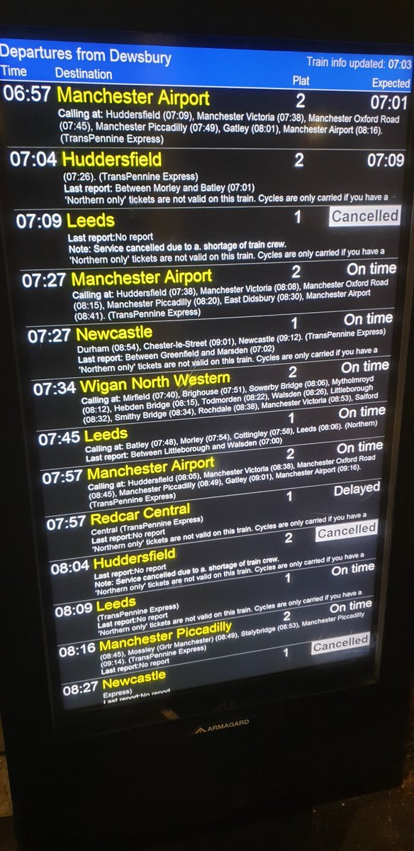 Debster489's tweet photo. Well done @northernassist once again cancelled trains...once again down to lack of train crew...once again  Management f*ck up.. https://t.co/sJbkCw8xKE