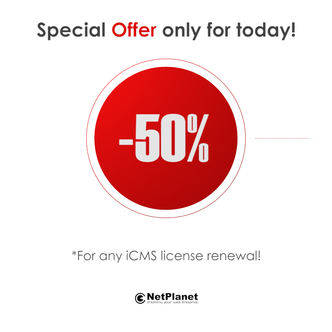 netplanet_gr's tweet photo. Special Offer Only for Today ▶ -50% For any iCMS License Renewal!

Discover the magical world of Web Design ➤ https://t.co/cTHbwqgwVq

#netplanet #icms #special #offer #webdesign #webdevelopment #website #eshop #webpresence #GooglePartner #premierpartner #webhosting #webdesign https://t.co/WMeR2BKPbD