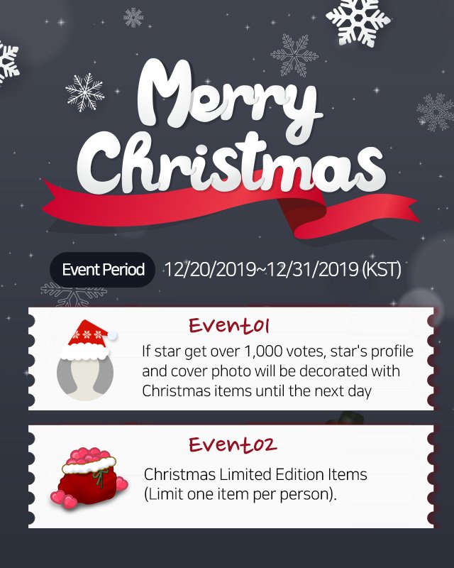 Kstar_hotnews's tweet photo. [EVENT]
If star get over 1000Votes Star's profile and cover photo will be decorated with X-mas items until the next day.

👉Go to 》 https://t.co/TEaLp8SUVG

#kpop #kdrama #idol #actor #actress #MetKstar #namesns https://t.co/tXGY7RXo2T