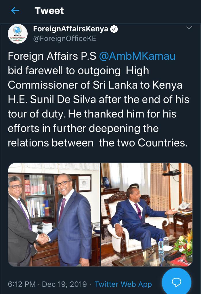 SLinkenya's tweet photo. High Commissioner Sunil De Silva will return to Sri Lanka after completing his tenor in Kenya. Sri Lanka mission completes 50 years in Kenya in the year 2020! https://t.co/ajbj8Ztgmz