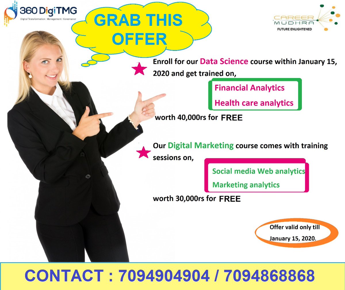careermudhra1's tweet photo. 360digitmg offering you the best training and placements... Build your career with 360digitmg.... 

Grab this offer Hurry up......

Enroll for our Datascience course within jan 15 2020
and get trained on....

Financial Analytics and Health care Analytics 
Worth 40000rs Free...... https://t.co/4Tke8v3mNJ