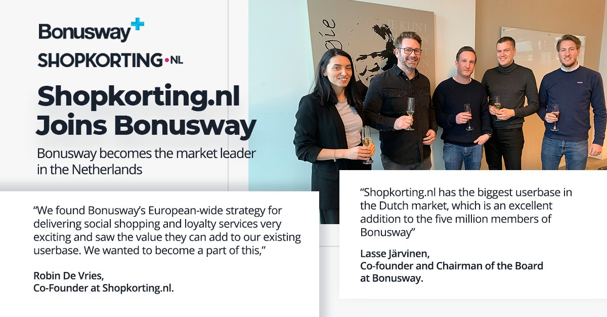 \o/ <a href="/bonuswaycom/">Bonusway</a> compeletes #acquisition of <a href="/shopkorting/">Shopkorting.nl</a> and becomes the #cashback market leader in the Netherlands 🇳🇱