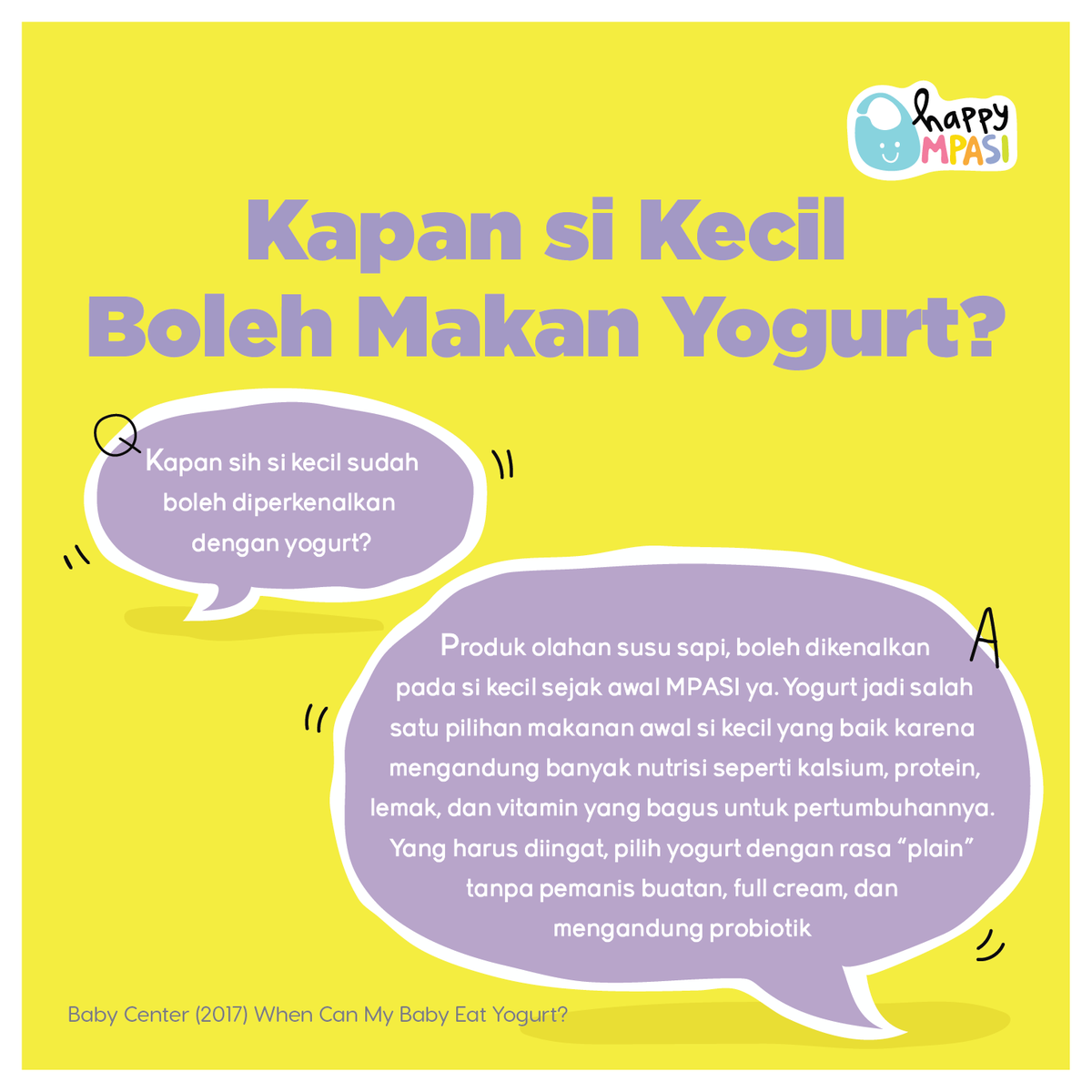 HappyMPASI's tweet photo. Pilih jenis yogurt yang full cream ya, jangan yang low fat. Karena kandungan lemak yang terdapat di yogurt sangat baik dan dibutuhkan untuk tumbuh kembang si kecil.
#HappyMPASI #QnA #HappyMPASIQnA #yogurt https://t.co/dsVbLNqvRo