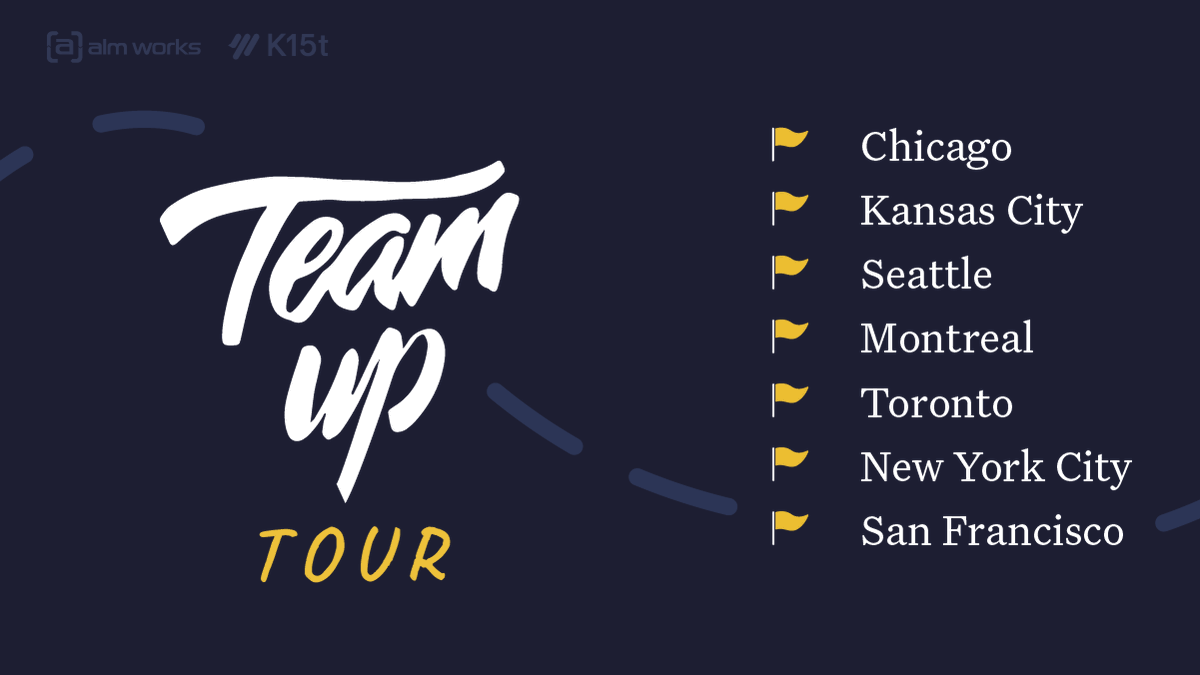 k15t_'s tweet photo. We're just one week away from kicking off our #TeamUpTour with @almworks - Talking at various #Atlassian user groups throughout North America about scaling agile with #Jira and driving more #Confluence adoption. Join us https://t.co/F8kQRdlSGj https://t.co/sGuGTltKWS