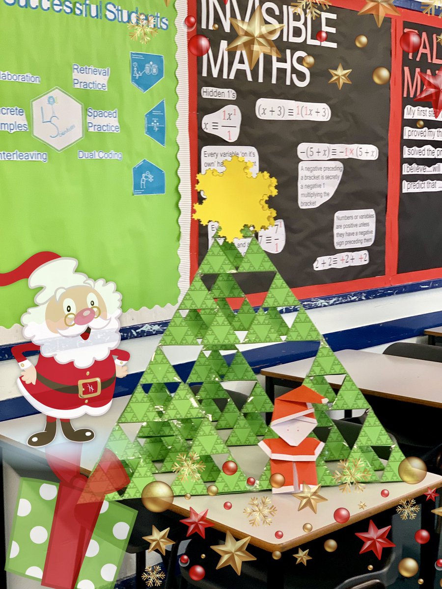 mathssjfcc's tweet photo. Here’s our fractal Christmas tree made of Sierpinski Tetrahedrons 🎄
There’s also an origami Santa for #CMsanta if you look closely.
Merry Christmas from the maths department 🎄🎅🏼🎄 https://t.co/Jgafsfnda3