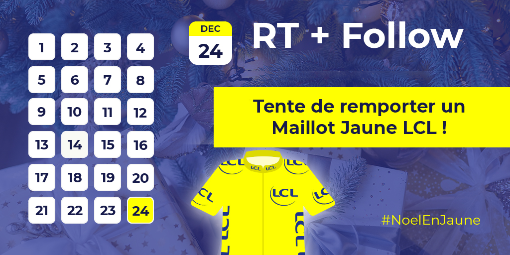 MaillotjauneLCL's tweet photo. 🎅 On met les petits plats dans les grands pour Noël et on vous fait gagner LE Maillot Jaune !
💛 Pour jouer, il suffit de RT ce tweet avec le #NoelEnJaune et de suivre le compte @MaillotJauneLCL
🎁 Tirage au sort demain ! Le gagnant sera contacté en message privé. https://t.co/OpqJXxgKQq