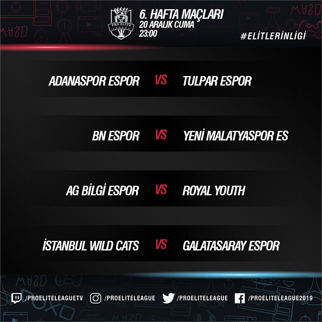 proeliteleague's tweet photo. Pro Elite League'de 6. Hafta bugün oynanacak maçlar ile başlıyor. 

@AdanasporEspor @EsporTulpar @EsportBn @YMS_Espor @bilgiespor @RoyalYouthGG @IWCats @GSEsports @AltayEspor 

#ElitlerinLigi #PEL #FIFA20 #ProClubs #espor #esports https://t.co/gb1j296Djl