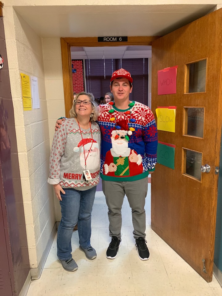 FMTigers's tweet photo. It's festive here at FM today!   One of our newest staff members is decking the halls as a Christmas Tree!  We are enjoying this day and looking forward to break! https://t.co/c7rbjTtLca
