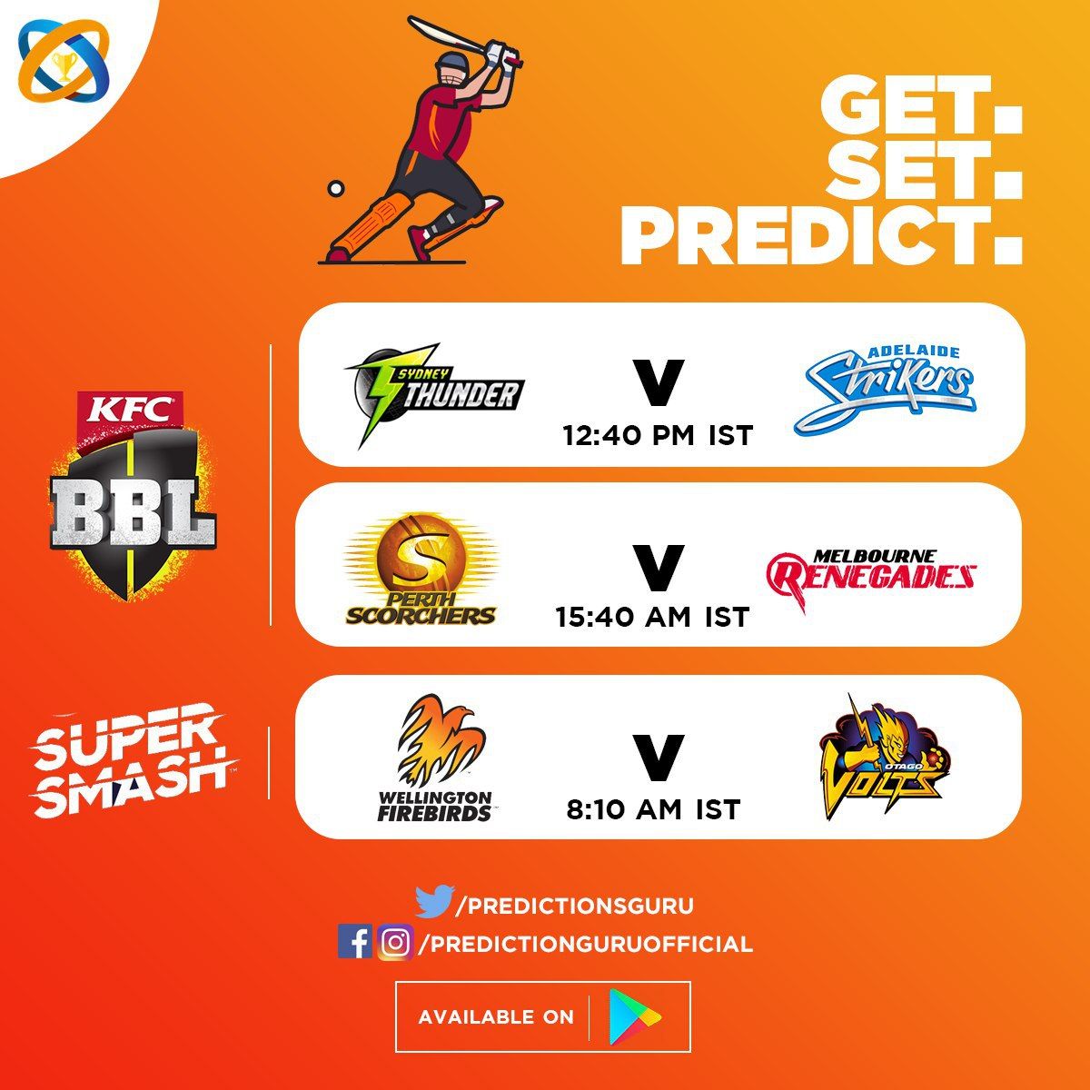 PredictionsGuru's tweet photo. THU⚡️  v STR💥 | Tips Available🎟
SCO☀️ v REN🔥 | Tips Available🎟
WEL🎇v OTA ⚡️ | Tips Available🎟

Predict/Get 'TIPS🎟' Now ➜ https://t.co/0Tcqyw5VzN 🏏
.
.
#BBL09 #thundernation #blueenergy #madetough #supersmashnz https://t.co/WYM7g5AAme