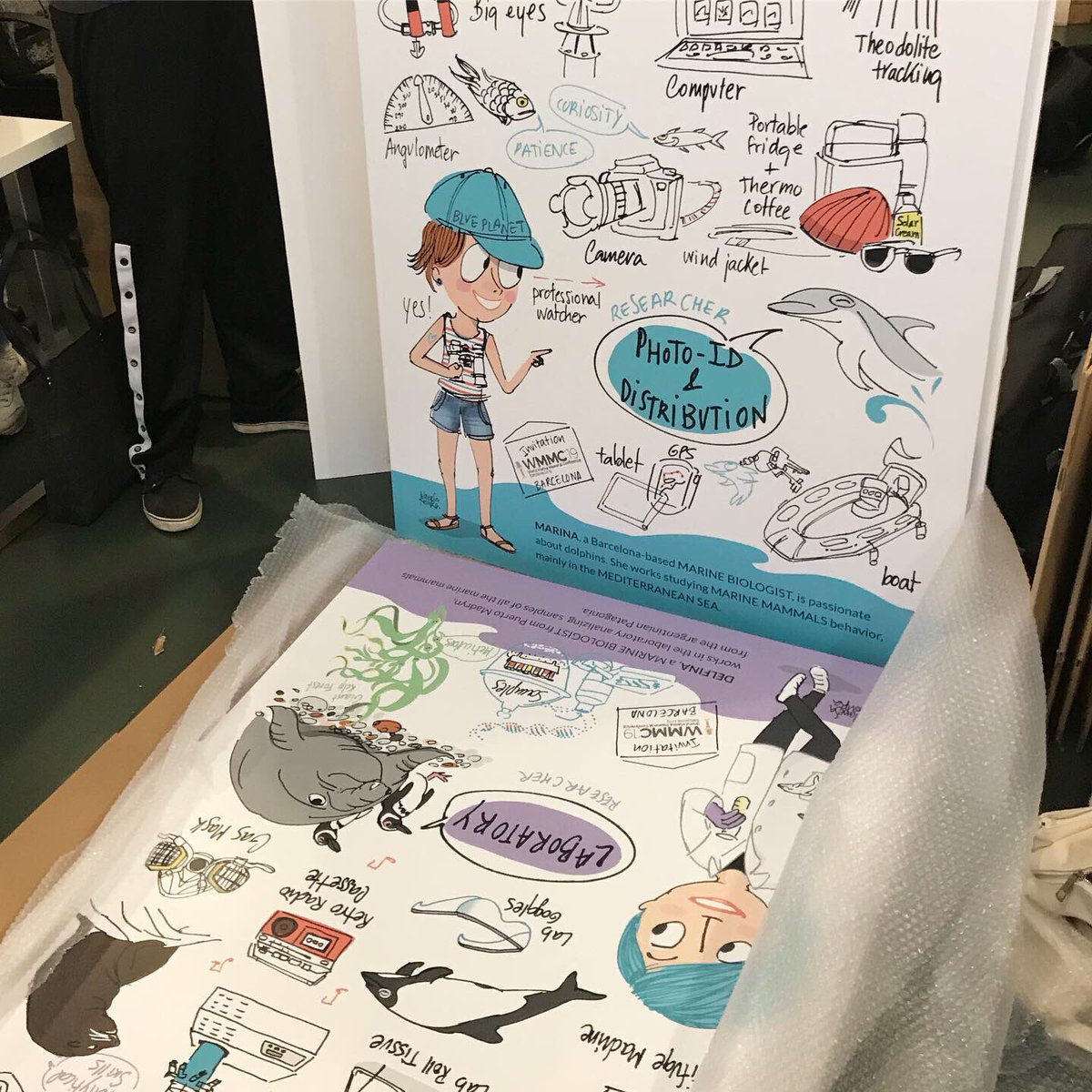 Assistants at #WMMC19 were guided by a powerful logotype, an ocean full of  marine mammals and researcher cartoons.We want to thank <a href="/hugcirici/">Hug Cirici</a> and lacreativa.com for an outstanding logotype, and #VanesaRovira (<a href="/colorcrema/">sol</a>) for the creativity and rigor in drawing cartoons