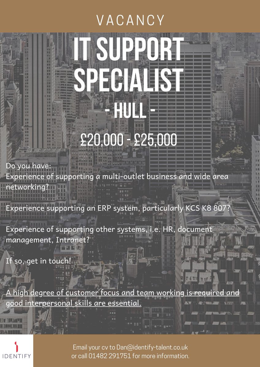 identify_talent's tweet photo. ***JOB OPPORTUNITY - HULL***

IT Support Specialist: £20k - £25k

☎️ If you are looking for a new role in the New Year then why not get in touch with the office on 01482 291751 for more information. https://t.co/s3b9C44YJw