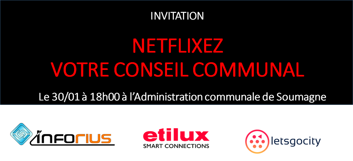 Aubry_Dinverno's tweet photo. Netflixez votre #ConseilCommunal 🎥
Vous êtes membre du Collège communal, Conseiller ou membre du personnel d'une Administration et souhaitez diffuser le Conseil ?

Venez assister à la présentation qui aura lieu le 30/01 de 18h00 à 19h30, à la commune de #Soumagne. https://t.co/e423RxZyeZ
