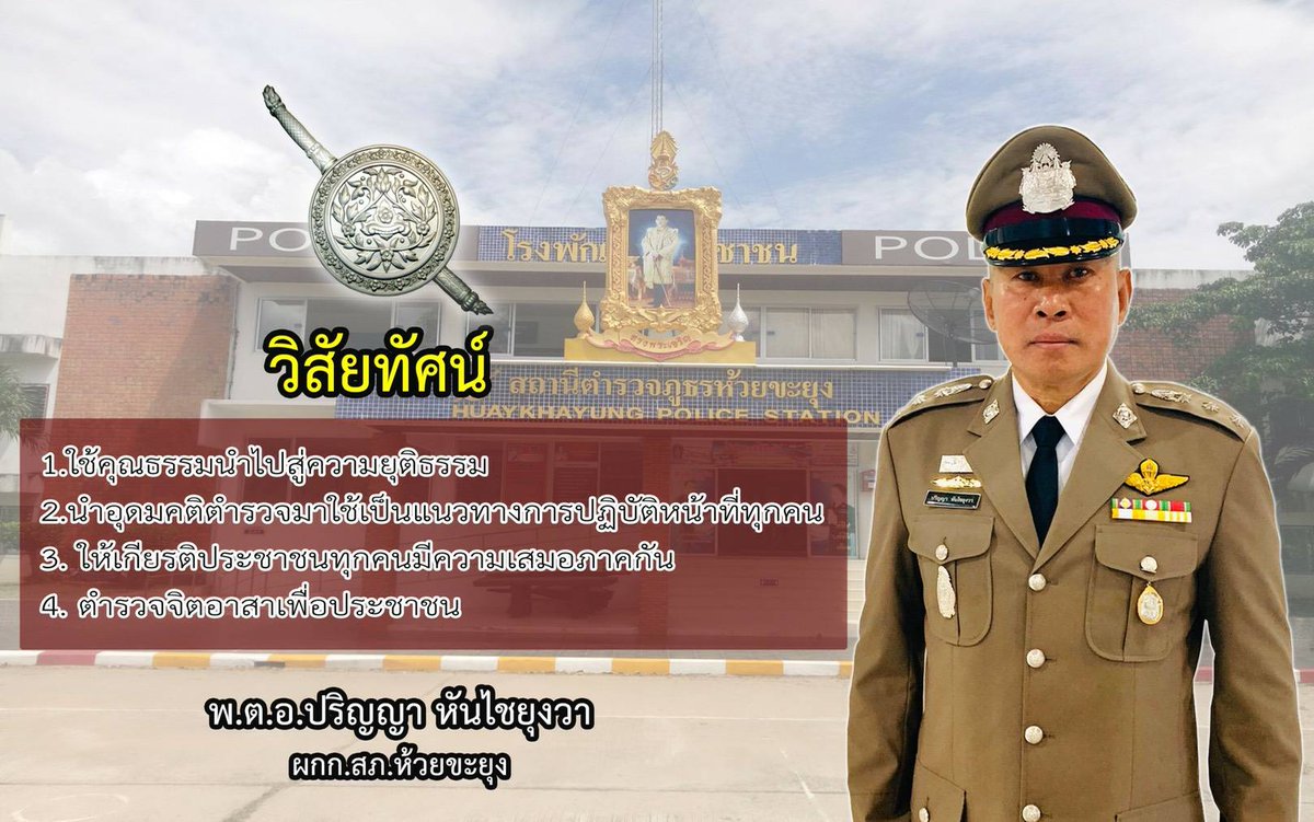 วิสัยทัศน์(Vision) พ.ต.อ.ปริญญา หันไชยุงวา ผกก.สภ.ห้วยขะยุง <a href="/prd2ubon/">สำนักงานประชาสัมพันธ์ที่ 2</a> <a href="/PoliceSpokesmen/">RTP007</a> <a href="/Lukkrandee/">เพื่อนตํารวจ แฟนเพจ</a> <a href="/PoliceRegion3/">ตำรวจภูธรภาค 3</a> <a href="/ubonpolice/">ตำรวจภูธรจังหวัดอุบลราชธานี</a> <a href="/prezz_toto/">ทีมโฆษกสำนักงานตำรวจ</a>