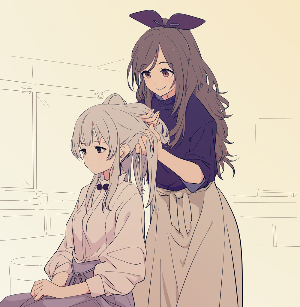 tsukioka kogane ,yukoku kiriko multiple girls 2girls brown hair skirt grey hair shirt long hair  illustration images