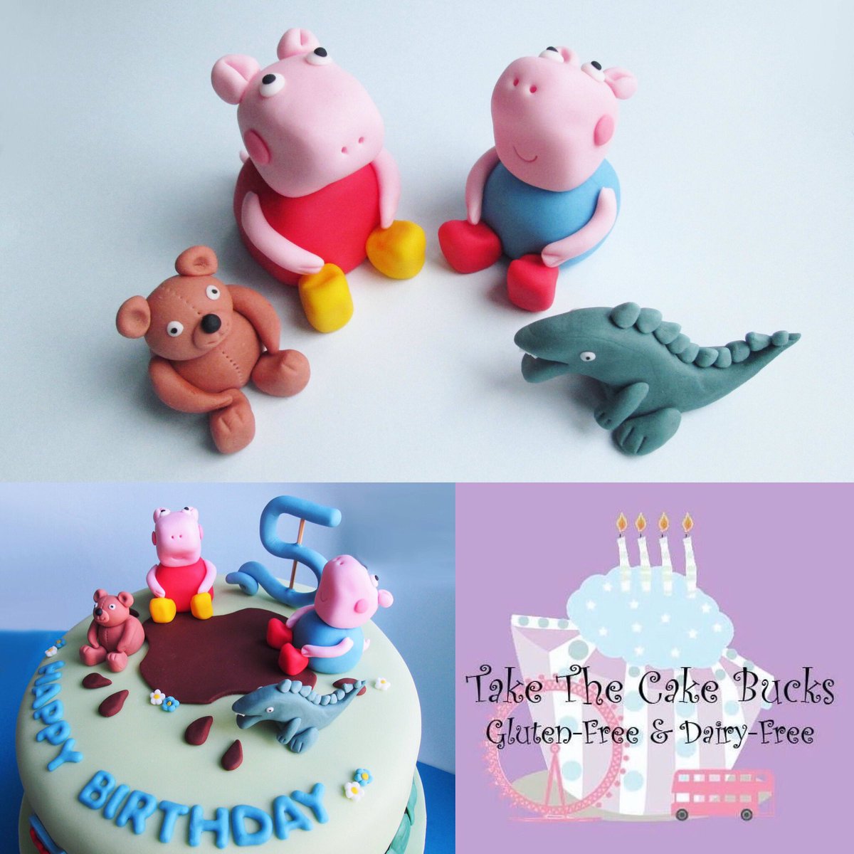 TakeTheCakeBKS's tweet photo. Peppa Pig cake toppers before and after they went on Kiaan’s big birthday cake🐽 #peppapig #georgepig #teddy #mrdinosaur #number5 #caketoppers #peppapigcaketoppers #5thbirthday #takethecakebucks #buckscakes #highwycombecakes #takethecakelondon #glutenfree #dairyfree #vegan https://t.co/90Ox275SmC