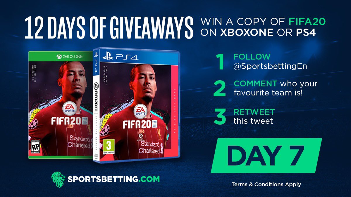 WeSportsBetting's tweet photo. It’s Day 7 of our 12 DAYS OF GIVEAWAYS! 🎁🎄

1. Comment who your favorite team is.
2. Retweet this post.
3. Follow our Twitter @SportsbettingEn 

For more info 👉🏻 https://t.co/opzG90I4B9 

#FIFA20 #Giveaways #SportsBetting https://t.co/wRf2vRun29