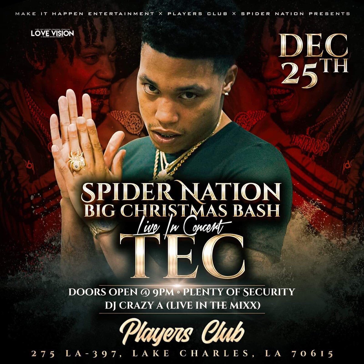 DaRealOGKush's tweet photo. “It’s Official #MakeItHappenEnt PlayersClub & #SpiderNation Presents #SpiderNationBigChristmasBash Hosted By @DaRealOGKush Live In Concert @TeC_dA_CtB ”..........#DoorsOpenAt9pm #MerryChristmas #HappyHolidays https://t.co/Nuiob8iA1G