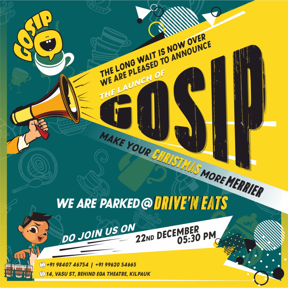 We invite you all for the launch of GOSIP on 22nd December @ 5.30PM Onwards !!

#launch #brand #branding #gosipchennai #chennai #chennaifoodie #chennaifoodblogger #wherechennaieats #foodporn #instafood #picoftheday #chennaidiaries #foodtalkindia #kilpaukfoodie #gosip