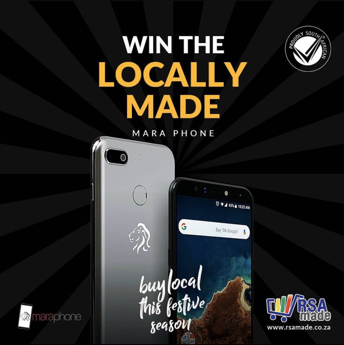 ProudlySA's tweet photo. COMPETITION TIME! WIN a locally made smartphone this festive season. Simply like &amp; share this post, follow and tag @ProudlySA &amp; @MaraPhones, tell us why it's important to buy local, &amp; use the #BuyLocalThisFestiveSeason. For full T’s and C’s, visit https://t.co/SdURqiNxVa https://t.co/tCBSoyYffx