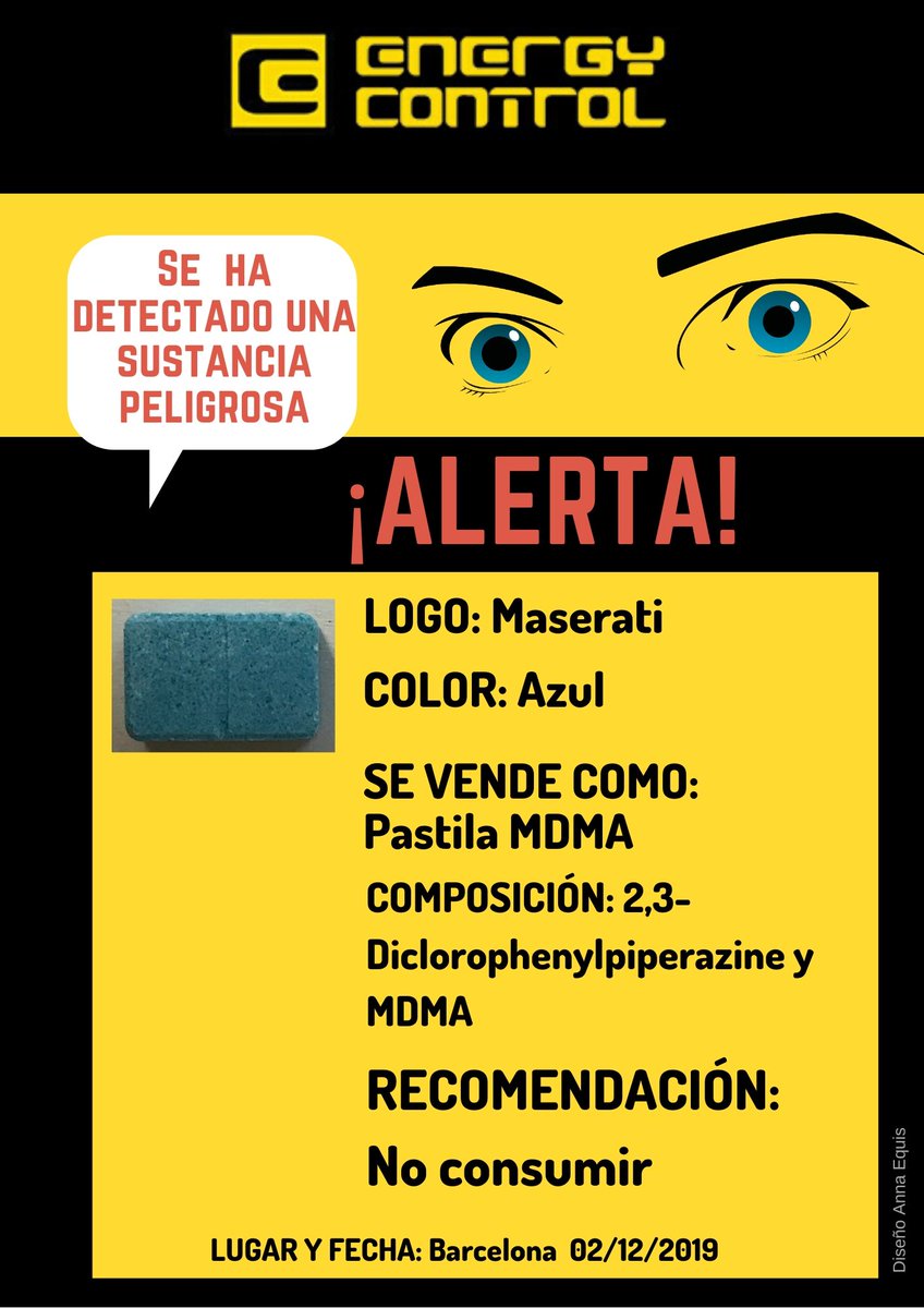 EC_es's tweet photo. ⚠️📢 Nueva #AlertaEC
Detectada en Barcelona pastilla "Maserati" vendida como #MDMA que también contiene 2,3-Dichlorophenylpiperazine (2,3-DCPP). Se recomienda evitar su consumo.
#ReduceRiesgos https://t.co/owCa67rOsm