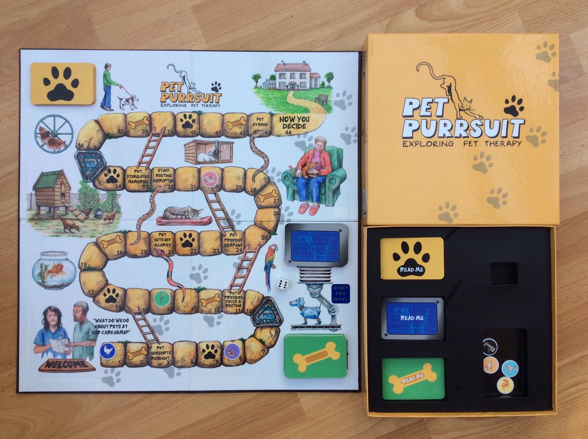 InkPotPress's tweet photo. The board game I helped develop and design for @EvidSynthTeam at University of Exeter @ExeterMed, Pet Purrsuit, which delivers the core content of their research into Pet Therapy, the use of RoboPets and the benefits of having pets in Care Homes.  @noreen_orr @JoG13 @becsta94 https://t.co/cj3s3IETok