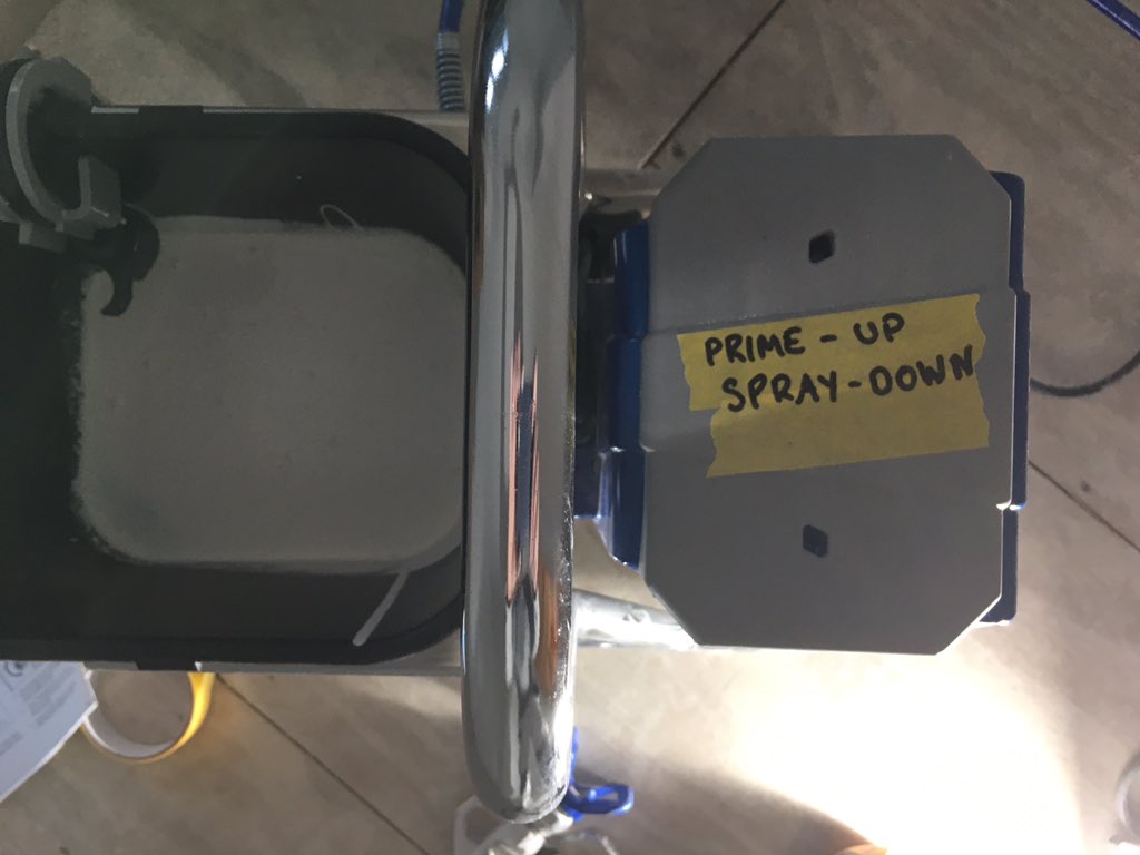 Chris66092274's tweet photo. Second spray day of the week, primed and ready to go. PRIMER 👈🏻 of choice, @Tikkurila_UK Otex Akva, kind of look forward to these days. 
I’ve had to add a homemade label to remind me which is spray and which is prime position 🙄 @GracoContractor https://t.co/65Ps2i4yLr
