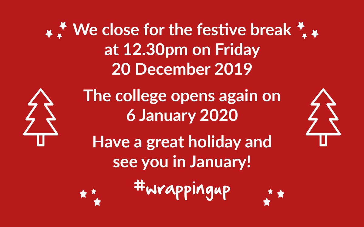 edinburghcoll's tweet image. We're #wrappingup for Christmas at 12.30pm today! 

Our campuses will reopen on Monday 6 January. Merry Christmas and Happy New Year to all of our students, staff and partners. See you in 2020! 

🎄🎄🎄🎄🎄🎄🎄🎄🎄🎄🎄🎄🎄🎄🎄🎄🎄🎄