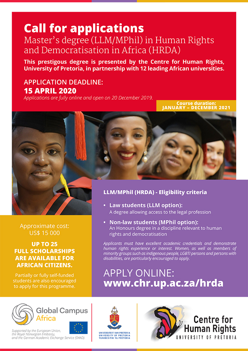 📣 🎓Applications for the #HRDA now open! 🎓📣

Calling outstanding students to apply for the prestigious Master's degree in Human Rights and Democratisation in Africa #Classof2021

Submit your online application before 15 April 2020

Visit chr.up.ac.za/hrda to apply