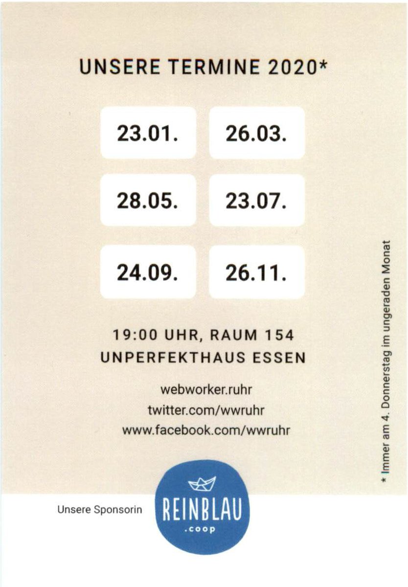 Den #WWRuhr wird es auch  in 2020 geben. Dank unserer alten und neuen Sponsorin <a href="/reinblau/">Reinblau eG</a>. Merkt euch schon mal den 23.01. vor, dann geht's weiter