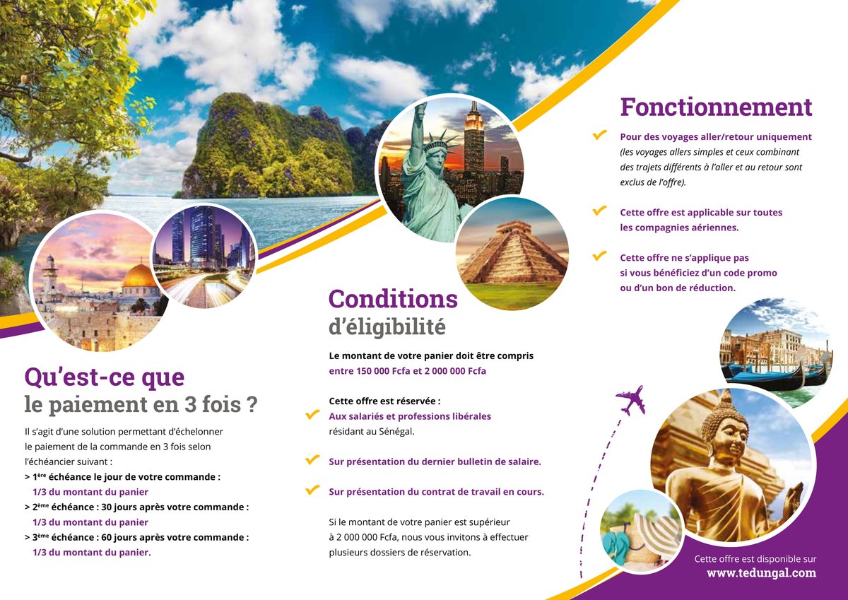 WorldTedungal's tweet photo. N'oubliez pas qu'avec Tedungal Services, vous pouvez payer vos billets d'avions en 3 fois sans frais. c'est le moment d'anticiper sur sa prochaine destination :)
#kebetu
#team221
#tourisme
#visiteznosregions
#senegal
#tl221 https://t.co/7tGpny4wTp