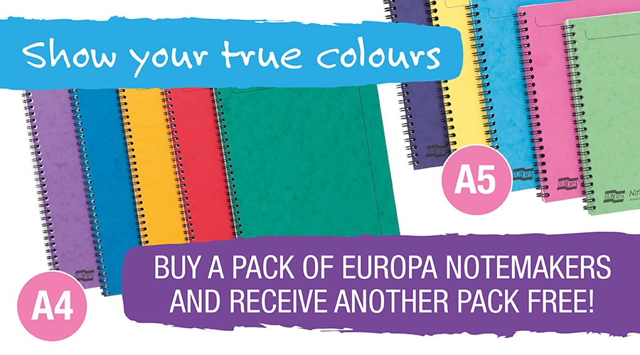 Buy a pack of 10 Europa A4 or A5 Notemakers and receive another pack FREE! (while stocks last). Terms &amp; conditions apply.