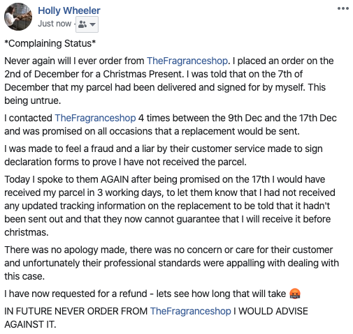 Holly_Wheeler_'s tweet photo. @FragranceShopUK  What a disgrace of a company! should be ashamed of your customer service team and the customer care you provided! - would never advise anyone to order from here. https://t.co/BG8m4aaMp9