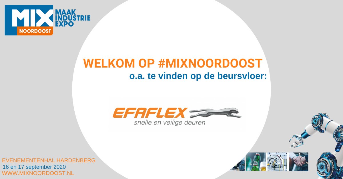 ▶️ EFAFLEX - snelle en veilige deuren is al verzekerd van een plek op MIX Noordoost 2020.

EFAFLEX van der Tol en Keijzer is een exclusieve vertegenwoordiger van de Nederlandse markt voor snelle en veilige deuren, ook wel snelloopdeuren genoemd.
