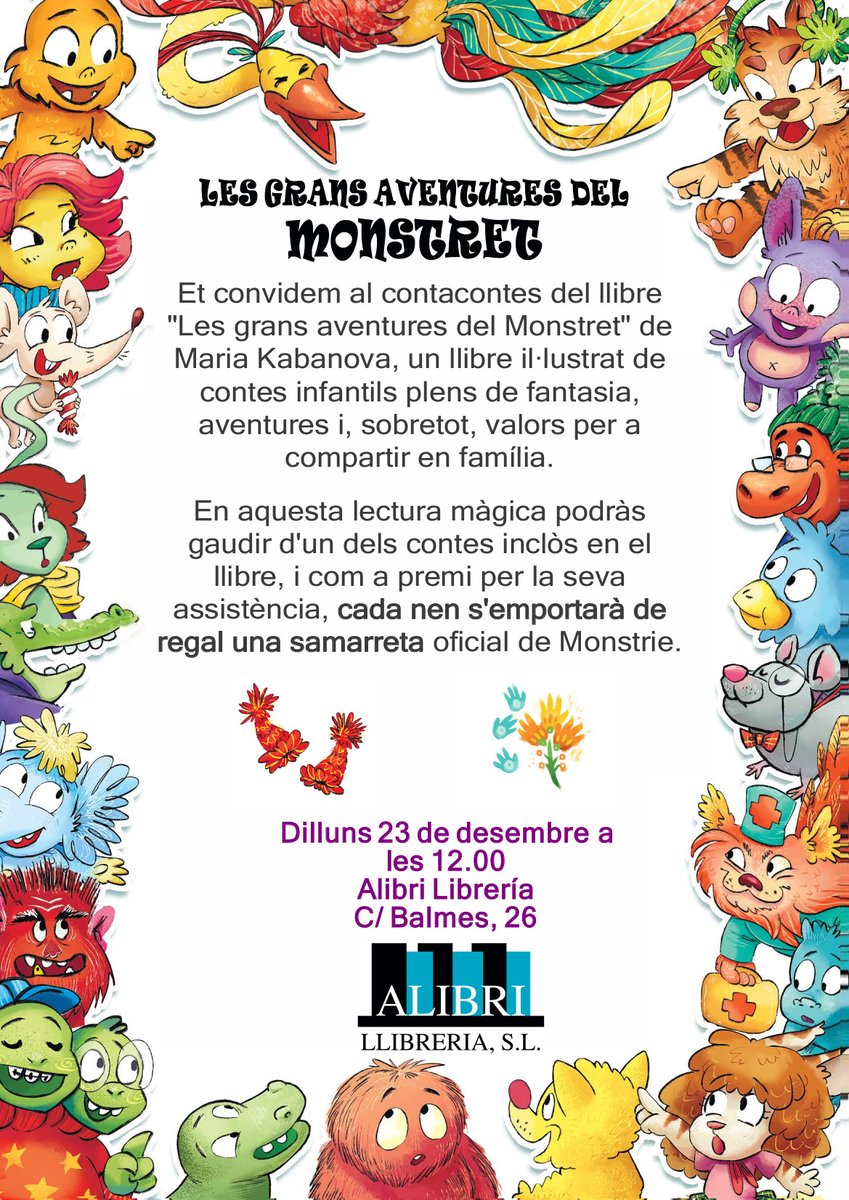 LibreriaALIBRI's tweet photo. ⏰ Dilluns 23/12 a les 12h #contacontes #activitatsgratis #lij
“Les grans aventures del monstret” amb l’autora Maria Kabanova
Amb regals, sorpreses...
#nadalambnens #ambnens
Entrada lliure i gratuïta https://t.co/yDsAKXR557