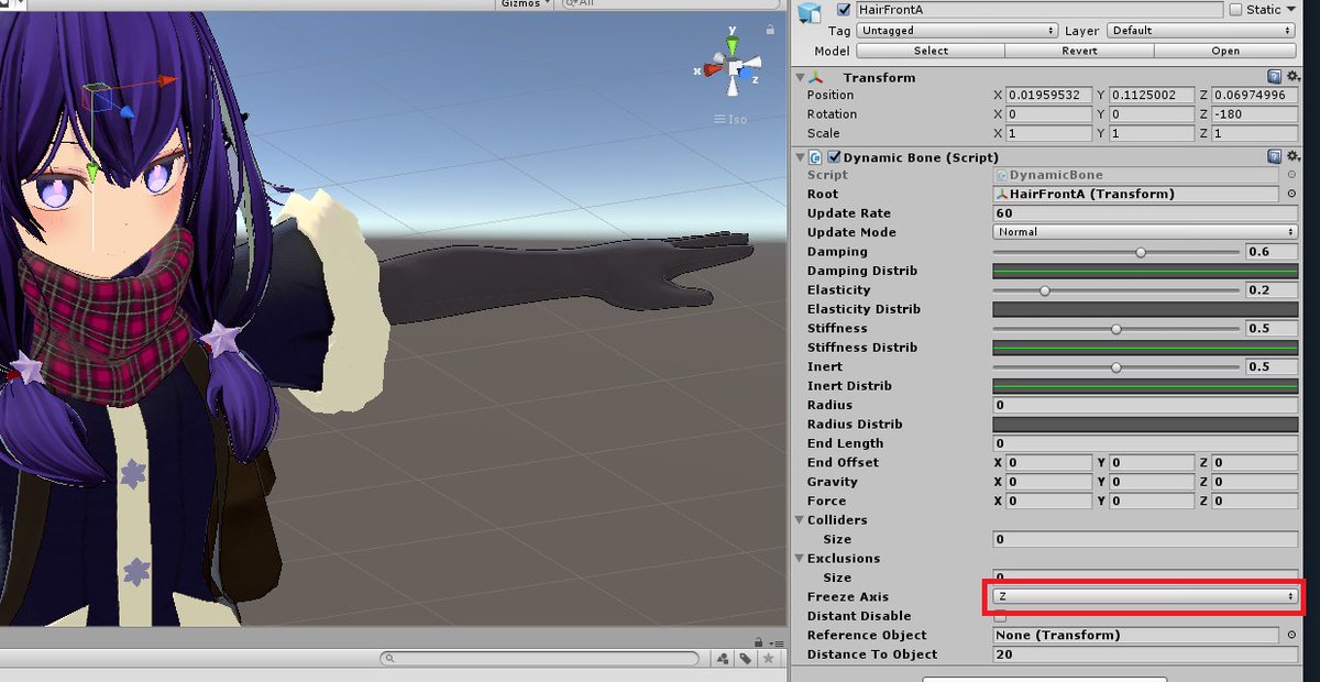 Gaia Cs Le Vrchatアバター豆知識 尻尾やケモ耳と並び髪の毛はdynamic Boneで揺らしたくなるパーツの１つだが 髪にdybを入れると１枚目の画像のように前進時におでこに前髪がめり込みがち そんなときはfreezaxizを使って横方向のみに揺れるよう設定