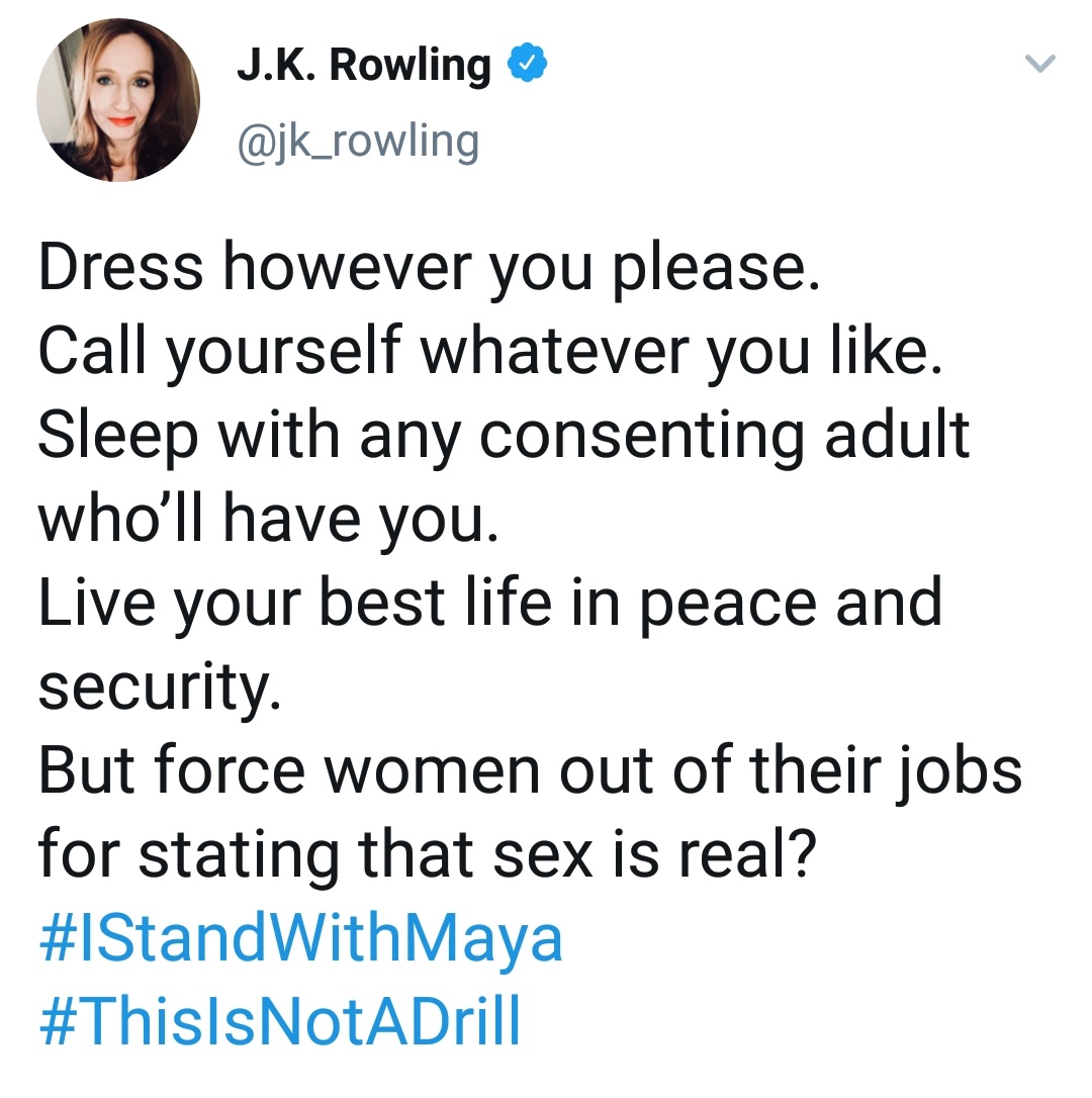 Esta clase de cosas solo van a hacer que no respete y que me repudie esta señora, pero #HarryPotter va a seguir siendo la saga de mi vida.

Crecí leyendo y viendo las películas, crecí creyendo en la magia y en que iba a ir a Hogwarts y eso no lo va a cambiar una señora tránsfoba.