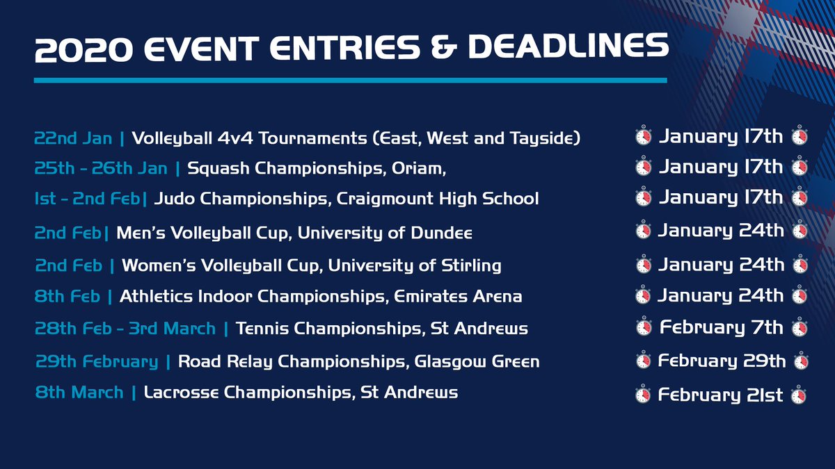 ScotStuSport's tweet photo. COMPETITIONS | Important dates for the diary and entry deadlines for 2020. https://t.co/3gXNB1pD7i