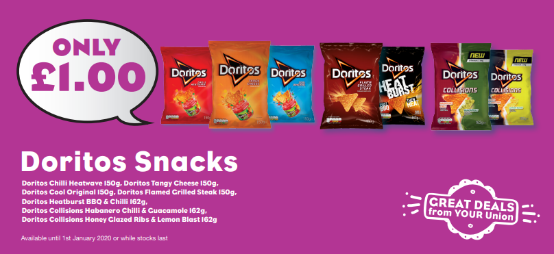 HuddersfieldSU's tweet image. It’s snack o’clock grab Doritos Snacks for just £1! What flavour will you choose? Until 1 January, while stocks last #MakingStudentLifeBetter #SUShop