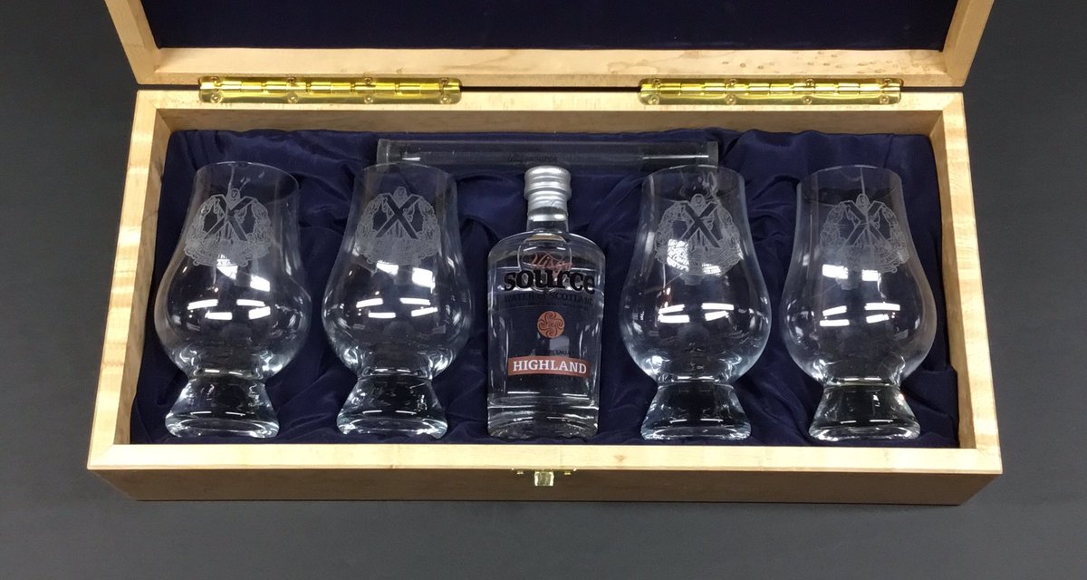 UisgeSource's tweet photo. The box contains 4 Glencairn Whisky glasses each etched with the 
hat badge logo of The Cameron Highlanders of Ottawa (Duke of Edinburgh’s Own), a 100ml bottle of our Uisge Source Highland whisky water &amp; glass pipette. For purchase enquiries visit - https://t.co/0i4g5xe9am  (3/3) https://t.co/sccrpaqF9u