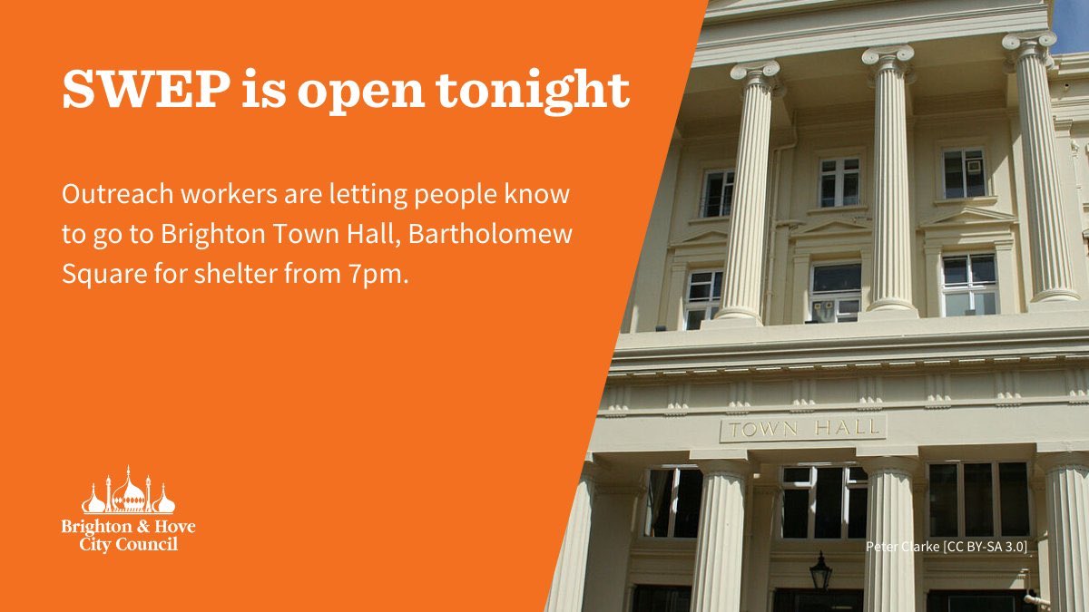 SWEP will be open tonight, Friday, Saturday &amp; Sunday at #Brighton Town Hall. Please let any rough sleepers know. No referrals needed, dogs welcome. Hot food &amp; drinks and dry sleeping bags. <a href="/LatestTVBtn/">Latest TV</a> <a href="/GalvaniseBH/">GalvaniseBH</a> <a href="/danieljyates/">Daniel Yates</a> <a href="/risejogo/">Rise Jo</a> <a href="/Oasis_Project_/">Oasis Project</a>  <a href="/huxley06/">Emma Daniel</a>