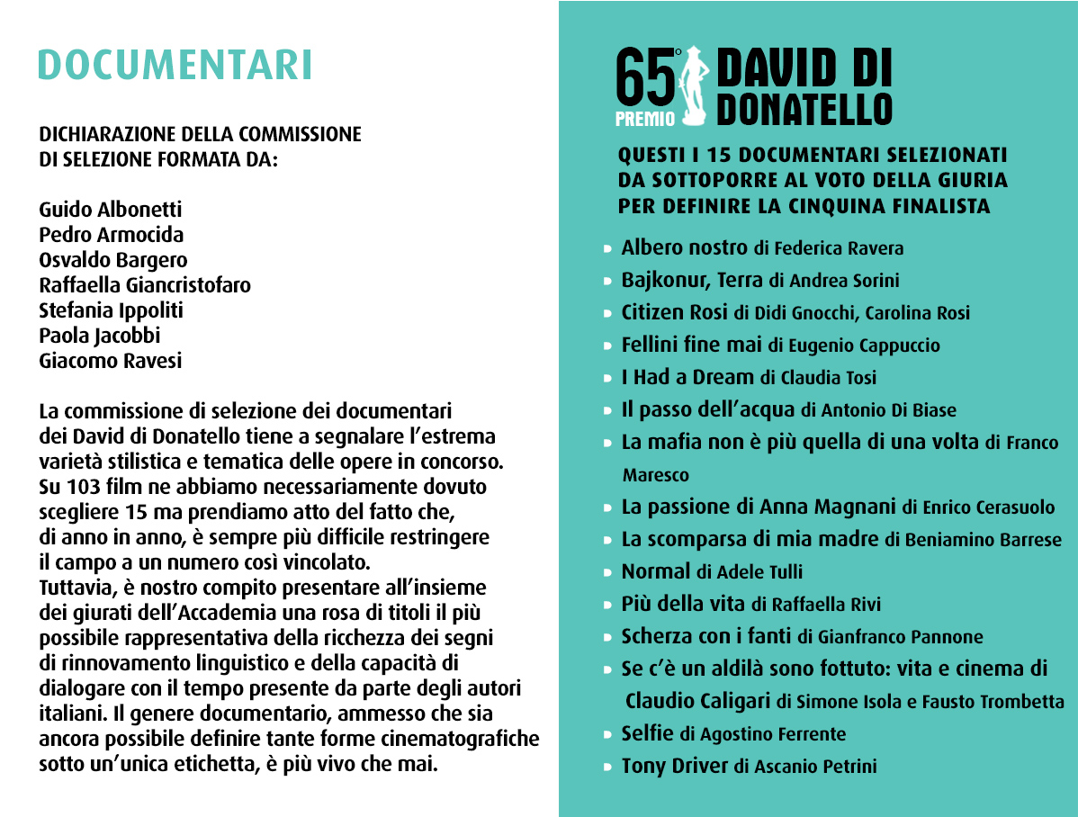 Questi sono i 15 film 'documentari' (su 103) che abbiamo selezionato da sottoporre all'attenzione dei giurati dei <a href="/PremiDavid/">Premi David di Donatello</a> per la cinquina e poi per il vincitore (ah, ci sono molte registe perché le differenze di genere 'miracolosamente' si riducono nel cinema documentario...)