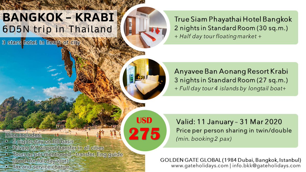 gateholidays's tweet photo. THAILAND PACKAGE
Bangkok &amp; Krabi 6 Days 5 Nights trip
Valid: 11 Jan - 31 Mar 2020
Contact: info.bkk@gateholidays.com
Website: https://t.co/F04t2Sy5Qb

**FOR AGENT PARTNER ONLY**

#thailand #bangkok #Krabi #travel #holiday #vacation #gateholidays https://t.co/4oOZYDaUNv